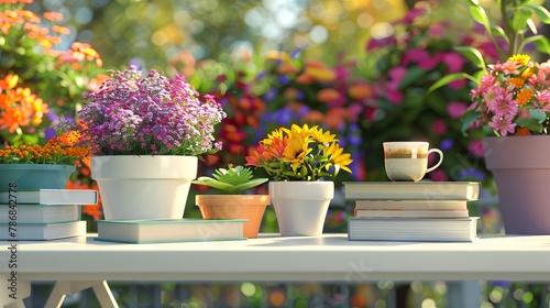 Flower Pots and Coffee Cups on a Garden Table