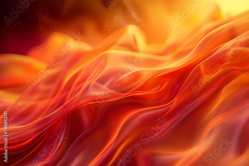 3D rendering of an abstract background with flowing red and orange waves of fabric. Soft light and blurred smoke along with stars appear at the edges of the composition. Digital art for design