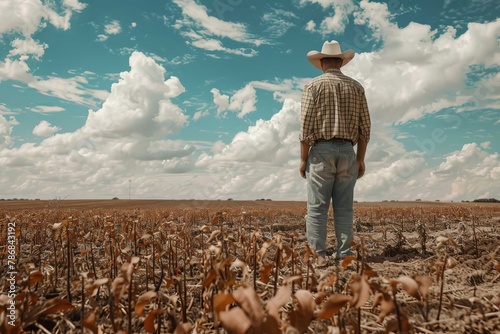 A farmer gazing sadly at wilted crops in a barren field, showcasing the impact of the drought on agriculture.