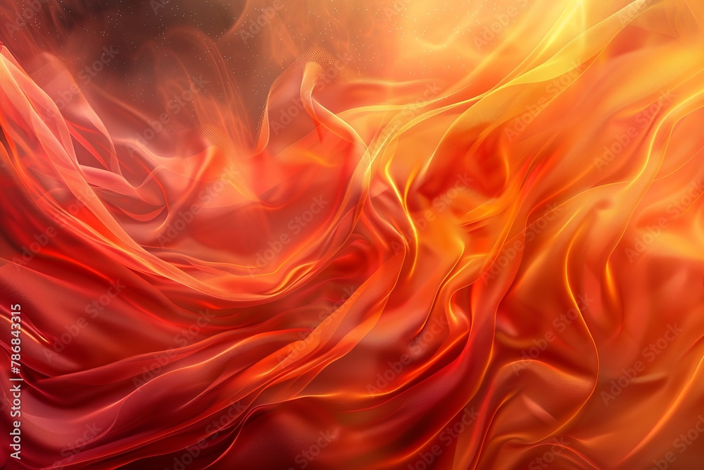 3D rendering of an abstract background with flowing red and orange waves of fabric. Soft light and blurred smoke along with stars appear at the edges of the composition. Digital art for design