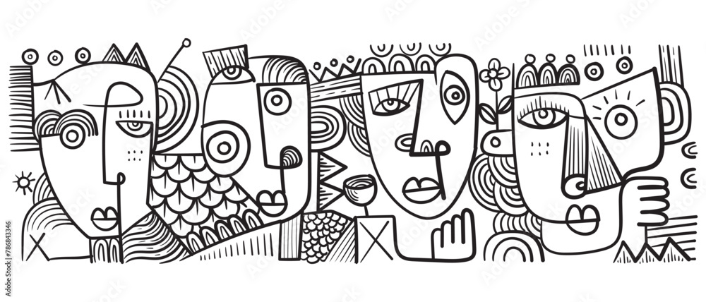 Group of abstract face portrait cubism art style, decorative, line art hand drawn vector illustration. Design for wall art, decoration, poster and print.