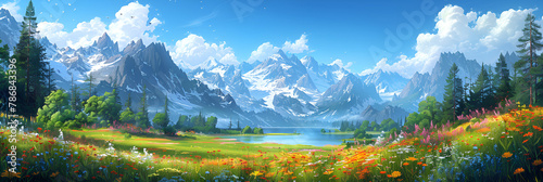 landscape with mountains and sun, Beautiful Landscape Illustration 