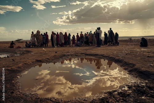 A line of people waiting at a water distribution point, demonstrating the demand for clean water during the drought.