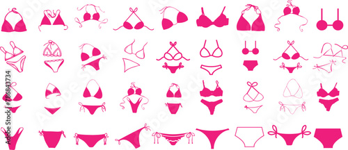 Bikini, swimwear, vector icons set, pink illustrations, summer beachwear. Top view styles for e commerce, fashion store. Modern design, women’s apparel, vacation © Arafat