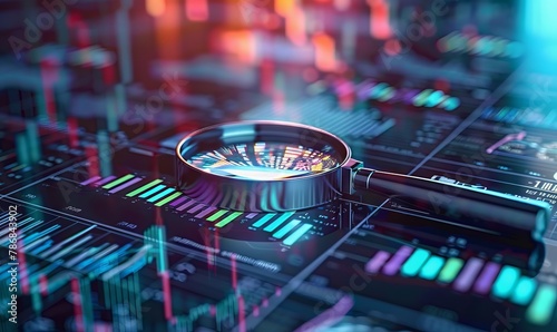 An abstract digital image featuring a magnifying glass overlaid with a network of colorful lines, suggesting themes of investigation, data analysis, or cybersecurity.
