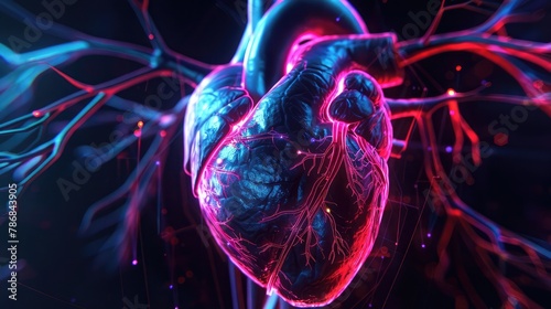 An advanced, glowing visualization of the human heart and circulatory system with emphasis on cardiac electrical conduction pathways. photo