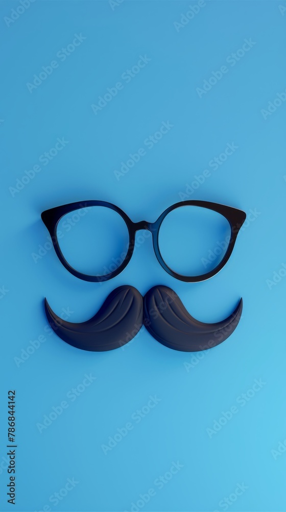 3d render of cute cartoon moustache and glasses on blue background 3d render of cute cartoon moustache and glasses on blue background