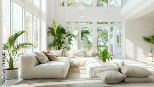 A bright, airy living room featuring an array of houseplants. Large windows let in natural light, white walls and ceiling imparting an aura of freshness.  photo