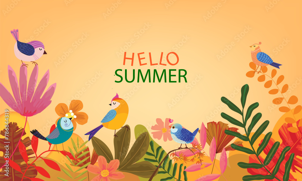 Hello Summer concept design with abstract jungle exotic leaves, floral, colorful vector background for banner, poster, cover and print. Hello Summer concept design with abstract jungle exotic leaves, floral, colorful vector background for banner, poster, cover and print.