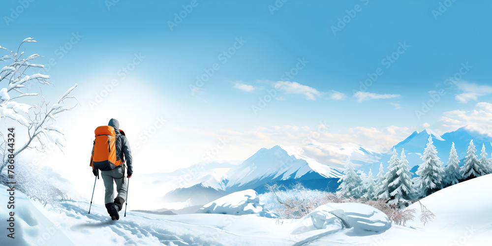 a man with skis in snow at Mountains White Slopes and Glacier on a blue sky background
