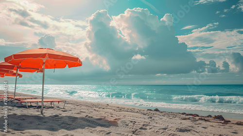 beach with umbrella, Beach in Miami, FL. Open umbrellas on the sand beach at the ocean. Empty beach. Sea shore. Early morning. Clouds background.