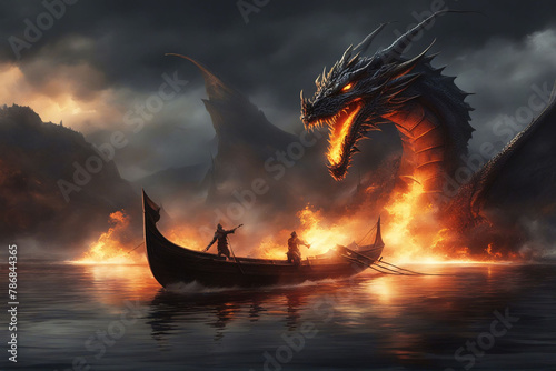 A fire breathing dragon attacking a boat.
