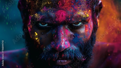 Man with Holi colors intense gaze