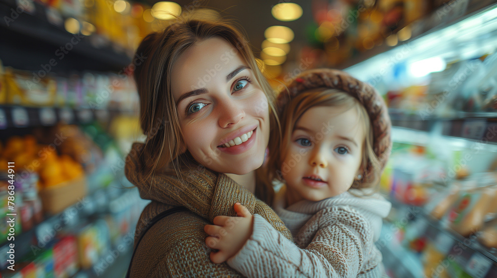 Happy woman and her small daughter buying in supermarket.
