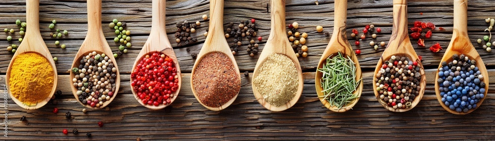 Variety of colorful spices and herbs in wooden spoons on rustic wood backdrop.