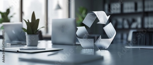 Stylized metallic recycle symbol on a sleek modern desk minimalist photo