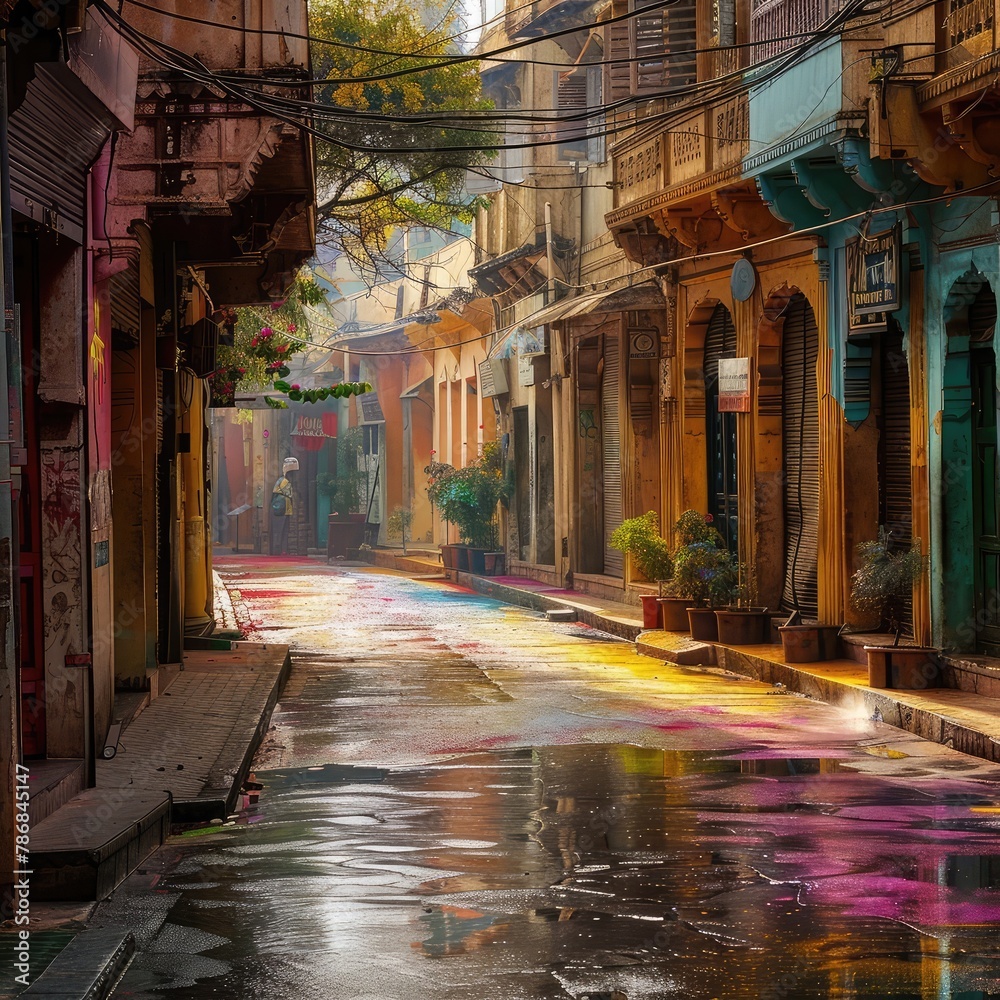 An empty street is bathed in the soft light of morning, its surface adorned with vibrant colors from the Holi festival, exuding a serene post-celebration atmosphere 