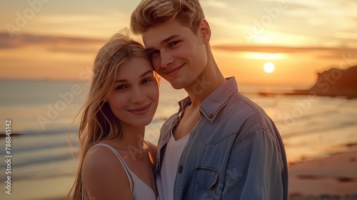 A young couple sharing a moment at the beach during sunset, with the ocean in the background. © Eitan Baron