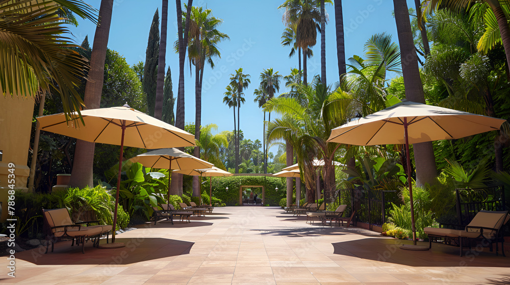 Fototapeta premium beach with umbrellas and chairs, A perfect summer day in California, Beverly Hills, relaxing under the shade of tall palms and enjoying the warmth of the sun.