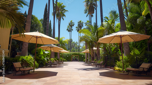 beach with umbrellas and chairs, A perfect summer day in California, Beverly Hills, relaxing under the shade of tall palms and enjoying the warmth of the sun.