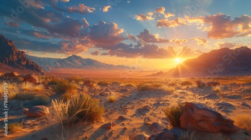 alien desert landscape, scattered rocks, eerie, sci-fi style, distant mountains under a twin sunset, AI Generative