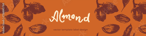 Almond label template with almonds seamless pattern. Hand-drawn illustrations of nuts for web banner, oil packaging or marzipan paste label design. Vector floral sketches background, almond ornament.