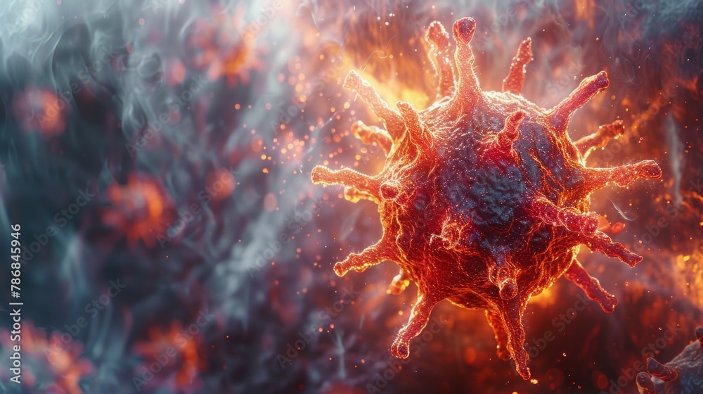 Close-up on a virus invading a human cell, a microscopic conflict illuminated, abstract organic, hyper-realistic, AI Generative Close-up on a virus invading a human cell, a microscopic conflict illuminated, abstract organic, hyper-realistic, AI Generative