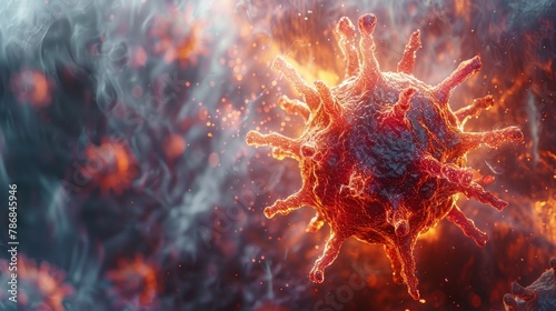 Close-up on a virus invading a human cell, a microscopic conflict illuminated, abstract organic, hyper-realistic, AI Generative