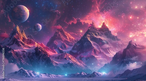 fantasy future, stars and planets align over neon-lit mountains, abstract sci-fi background, AI Generative photo