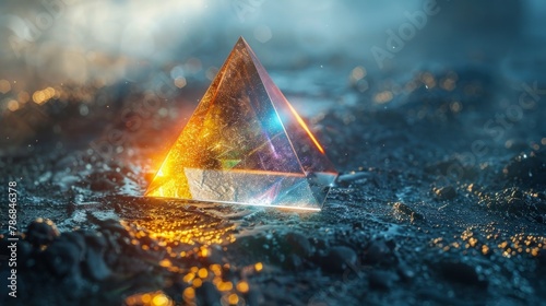 Glass prism triangle on dark background, light dispersion captured, surrealism, portrait shot, vivid and detailed, AI Generative photo