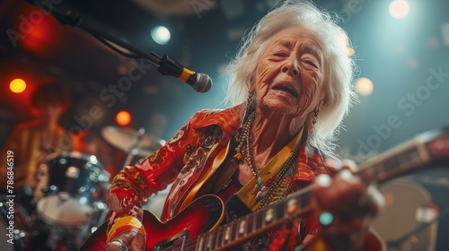 Rock concert with funny elderly woman, energetically playing diverse instruments, AI Generative photo