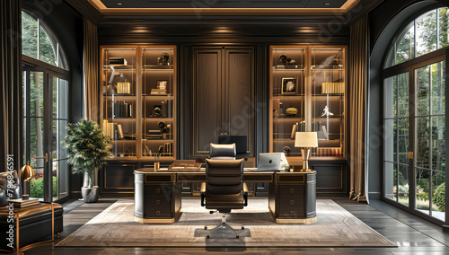  Dark luxury home office interior design with black desk, bookshelves and gold accents. Created with Ai photo
