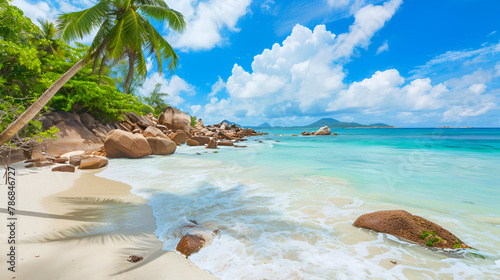 beach with palm trees, Beautiful tropical beach and sea with blue sky background.