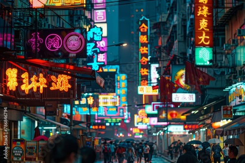 A neon-lit metropolis with abstract light patterns, glowing street signs, and bustling nightlife, Generative AI
