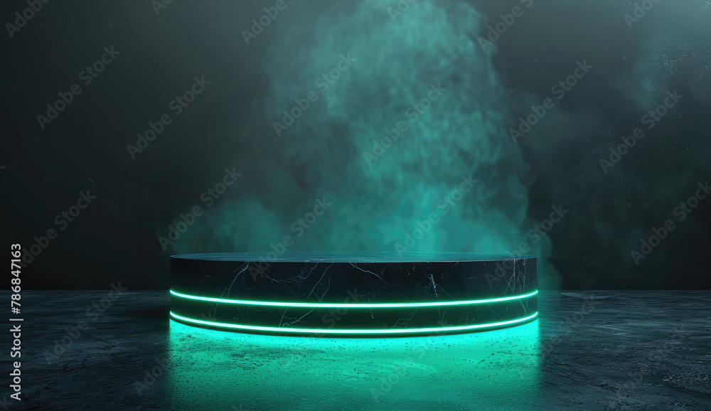  Black background with teal glowing smoke around the bottom of an empty circular podium. Created with Ai