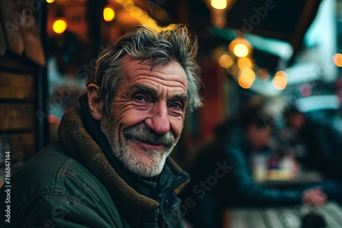 Portrait of an old man with gray hair in a cafe on the street.