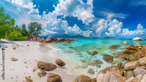 beach with trees, Beautiful tropical beach and sea with blue sky background.
