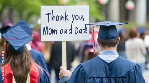 A graduate holding a sign that says 