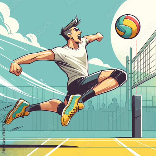illustration of a male volleyball athlete jumping to perform a smash
