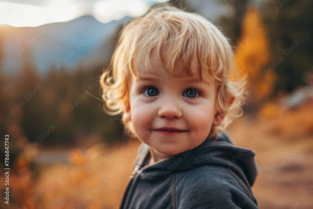 Adorable little boy with blond hair and blue eyes in autumn park Adorable little boy with blond hair and blue eyes in autumn park