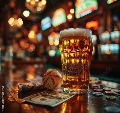Draft Beer and Sports Betting Ticket in Casino Setting Generative AI photo