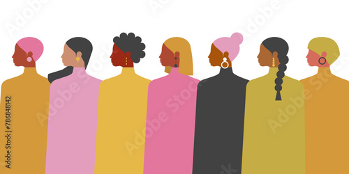 A crowd of beautiful women of different nationalities together on a white background with copy space. 