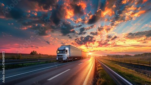 Capture the essence of transportation as trucks traverse the highway against the backdrop of a vibrant sunset
