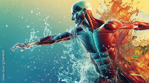 An energetic illustration of human anatomy in motion, with muscles and bones highlighted against a backdrop of vibrant water splashes. #786848188