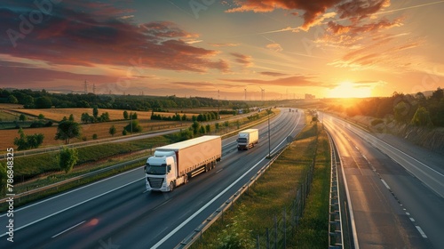Capture the essence of transportation as trucks traverse the highway against the backdrop of a vibrant sunset