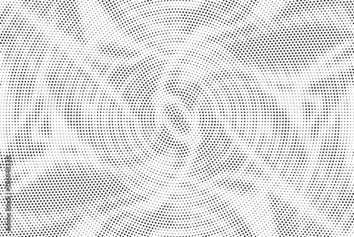 Abstract radial halftone texture. Monochrome background of black dots on white. Dotted background as design element. 