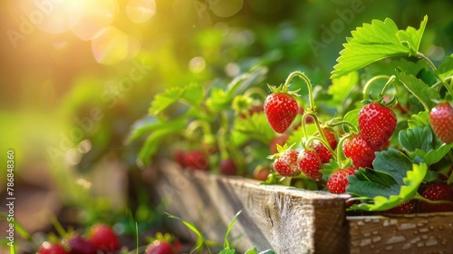 Strawberry plantation Juicy strawberries growing in a raised garden bed with space for text