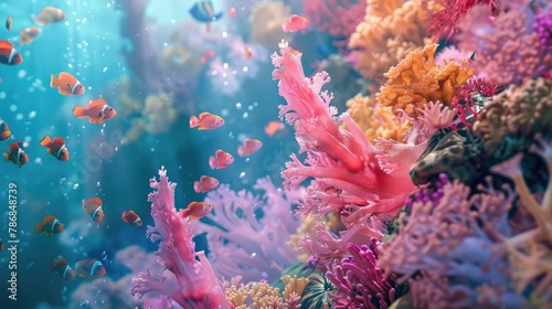An ethereal depiction of the underwater world, with vibrant coral reefs and exotic sea creatures creating a mesmerizing underwater paradise.