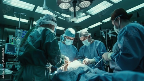 A medical team performing surgery in a sterile operating room.