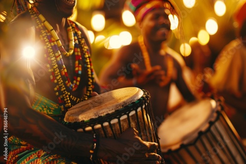 A closeup shot of the drums at an outdoor reggae music festival, with people in colorful attire celebrating around them. The focus is on one drum being played in the style of two men